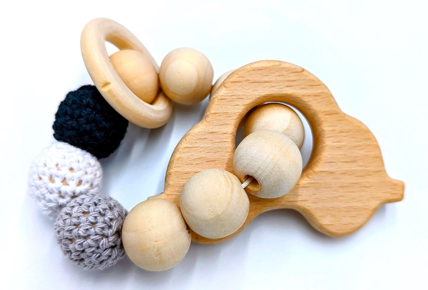 Wooden Ring Teether with Crochet & Wood Beads